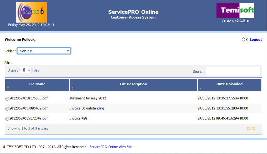 ServicePRO-OnLine Customer Access System