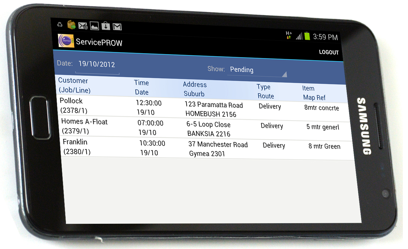 Samsung Note showing a Job Alloction